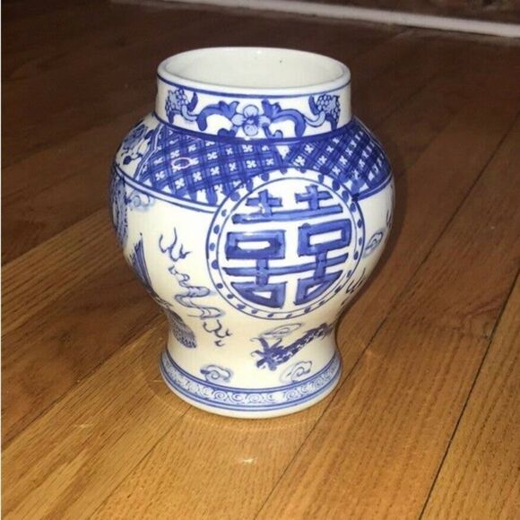 Chinese Blue and White Vase Decorated Double Happiness a Dragon and Phoenix Patt